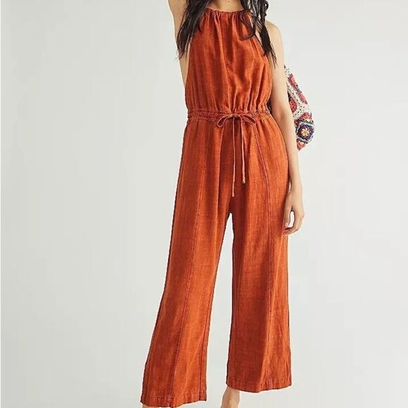 Free People Pants - Free People Linen Blend Open Back Jumper Brown
